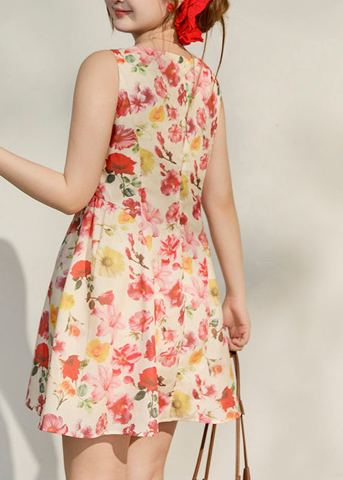 Floral Print Tie Neck Sleeveless Mini Dress and Cardigan Two Piece Set
