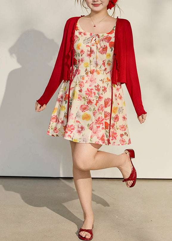 Floral Print Tie Neck Sleeveless Mini Dress and Cardigan Two Piece Set