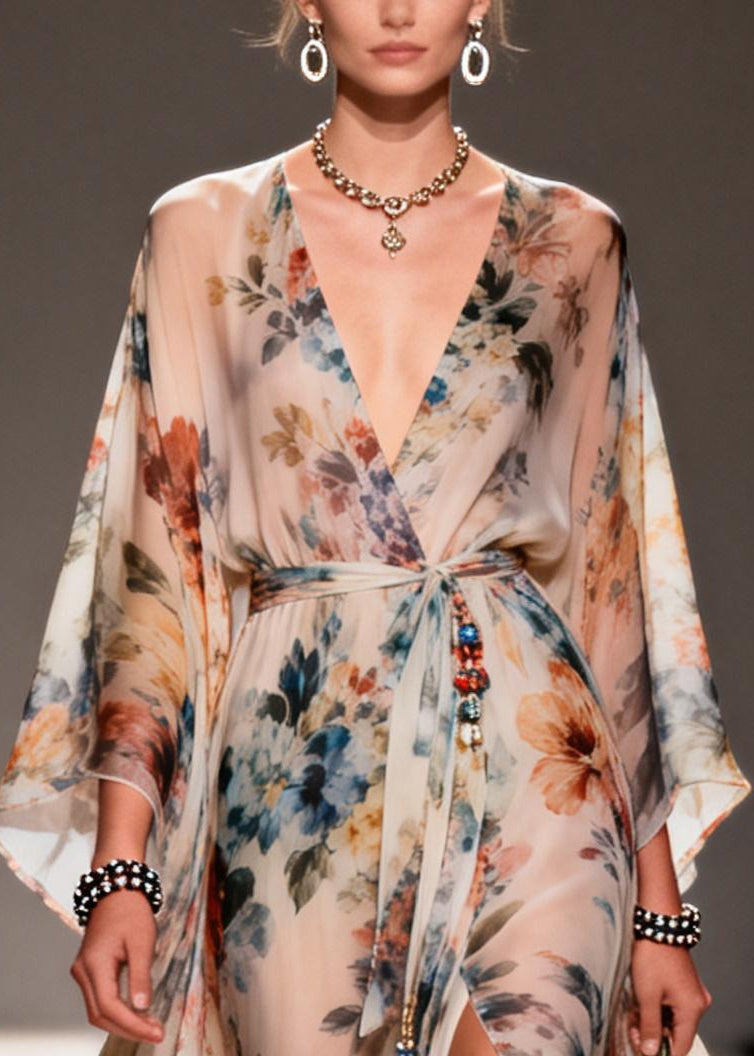 Floral Print Chiffon Wrap Deep V-Neck Kimono Sleeve Beaded Tie High Split Maxi Gown