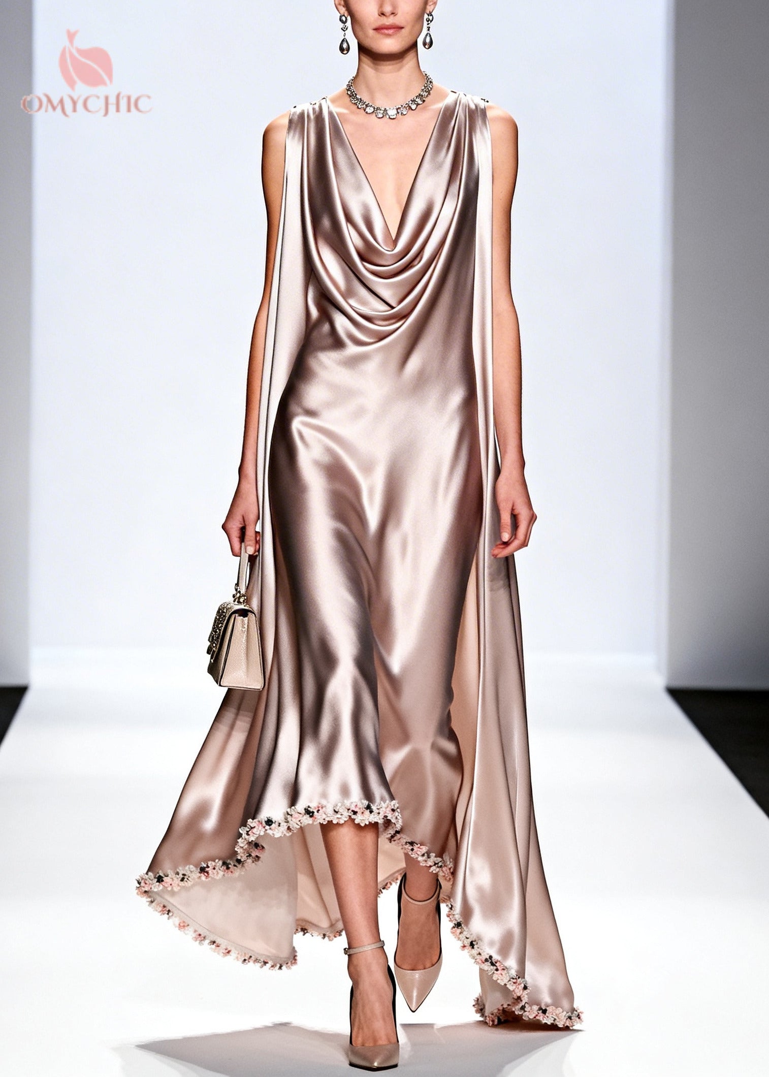 Satin Cowl Neck Cape Panel Floral Applique High Low Hem Maxi Gown