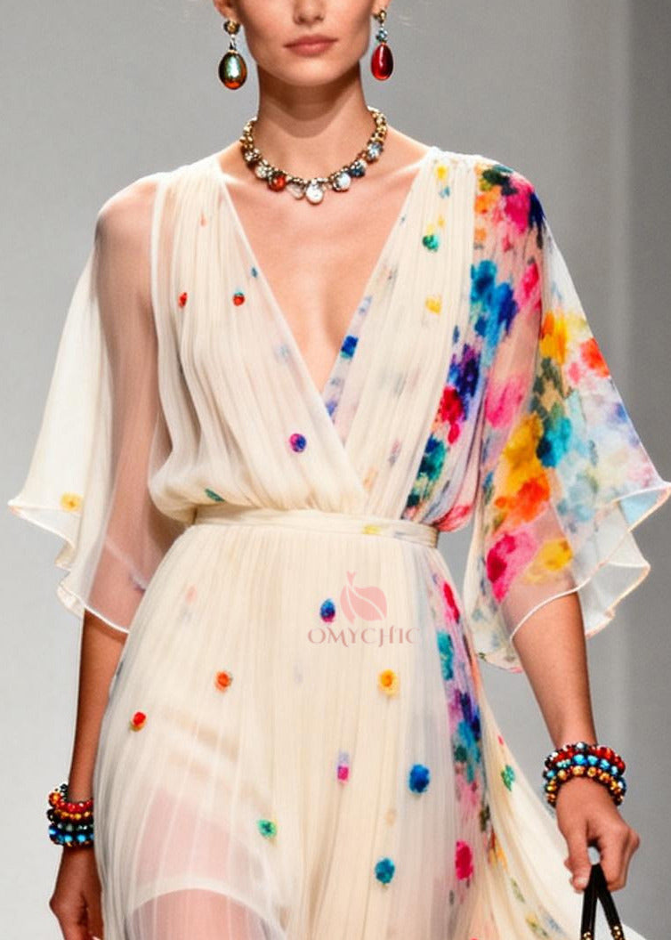 Floral Applique Pleated V-Neck Wrap Bodice Flutter Sleeve Chiffon Midi Dress