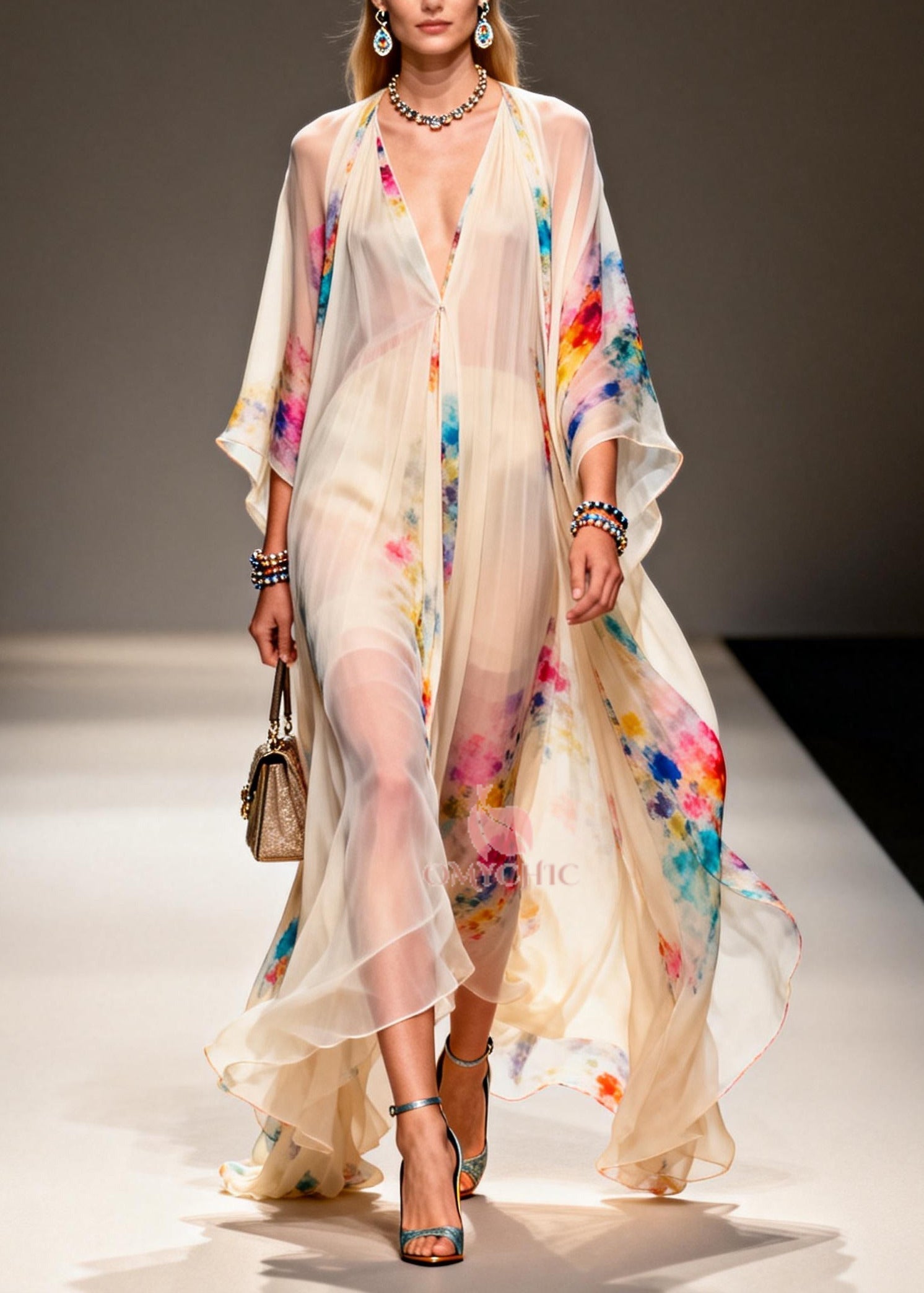 Deep V-Neck Kimono Sleeve Floral Print Chiffon Maxi Dress
