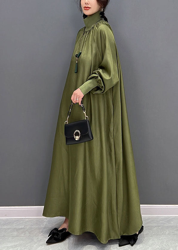 Satin Mock Neck Ruched Collar Puff Sleeve Pocket Oversized Tent Maxi Dress