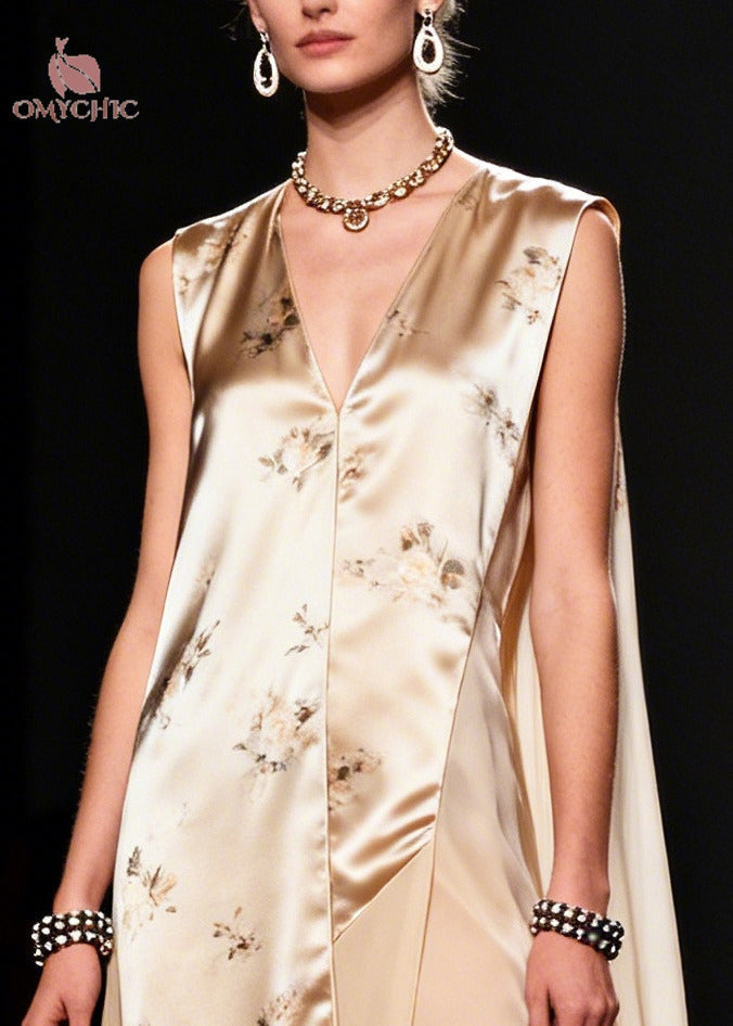 Modern Beige Asymmetrical Patchwork Chiffon Maxi Dresses Sleeveless - View 2