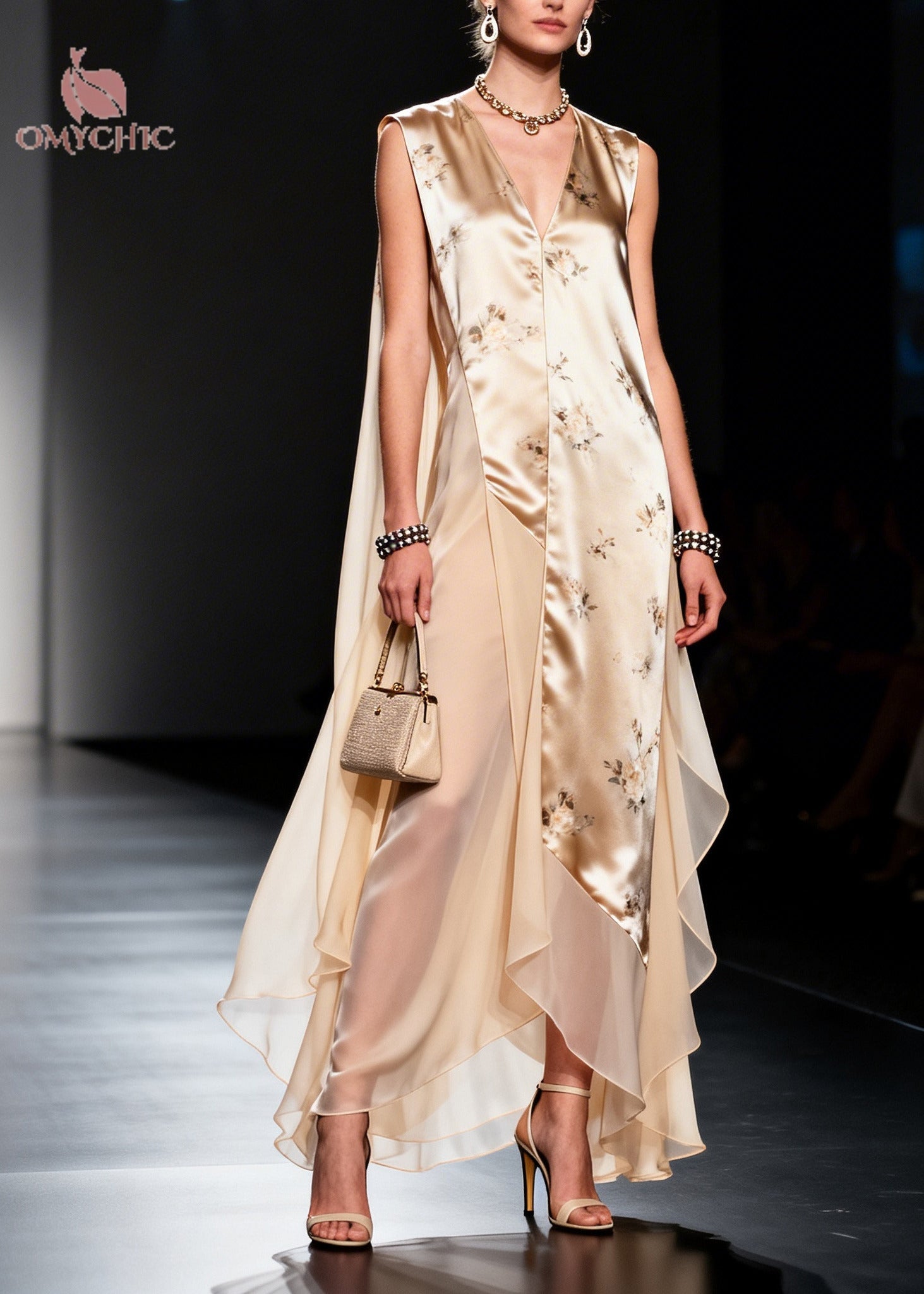 Modern Beige Asymmetrical Patchwork Chiffon Maxi Dresses Sleeveless - View 3