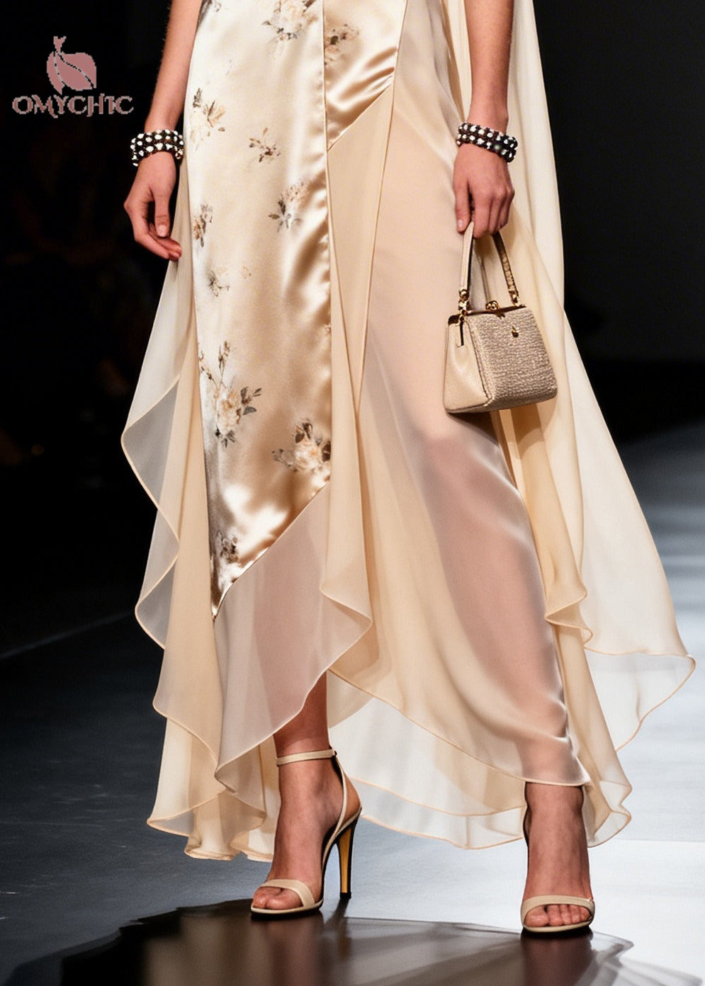 Modern Beige Asymmetrical Patchwork Chiffon Maxi Dresses Sleeveless - View 4