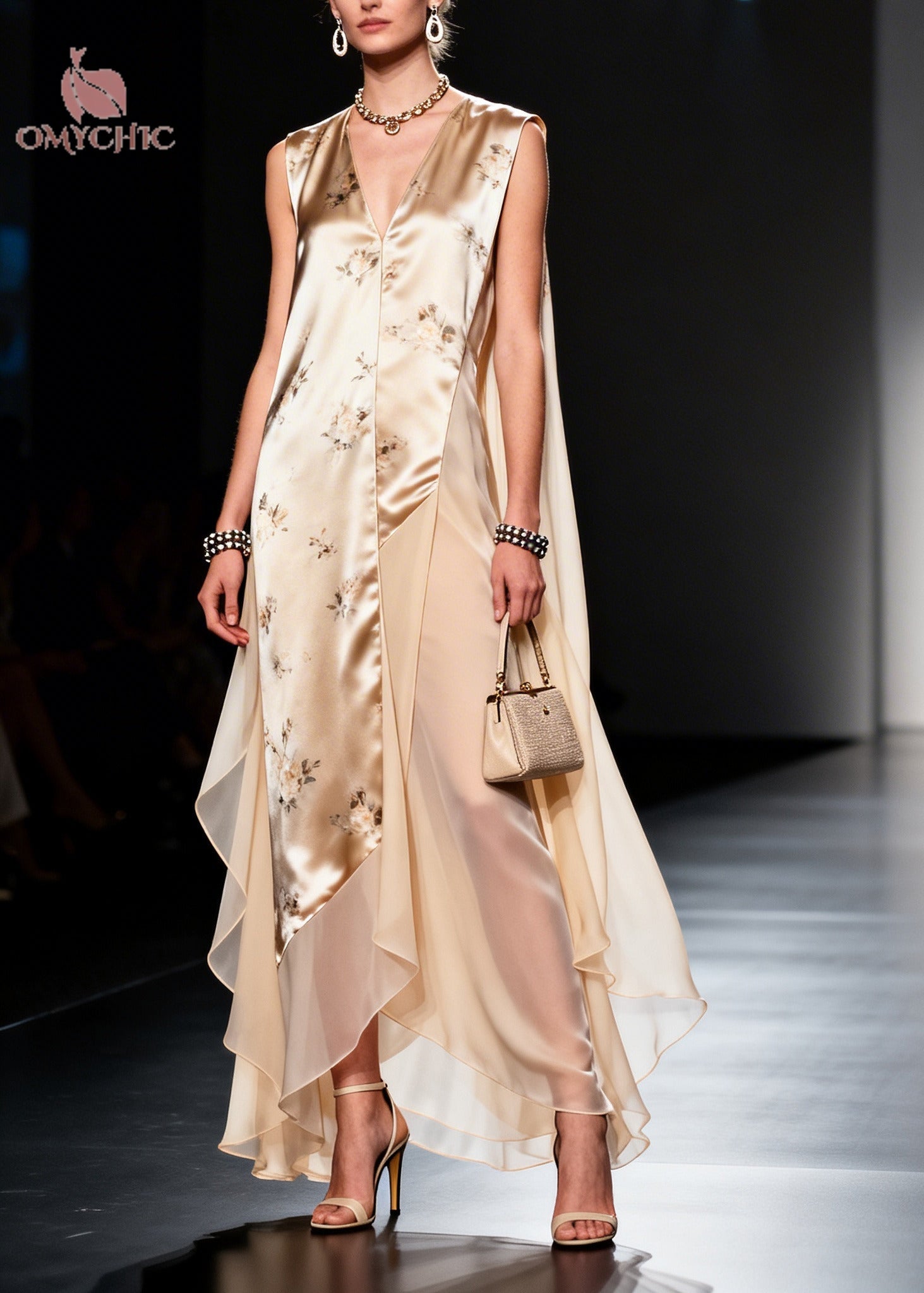 Modern Beige Asymmetrical Patchwork Chiffon Maxi Dresses Sleeveless - View 5