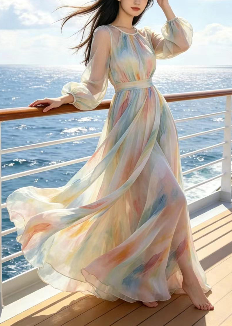 Tie Dye Crew Neck Long Sleeve Belted Chiffon Maxi Dress