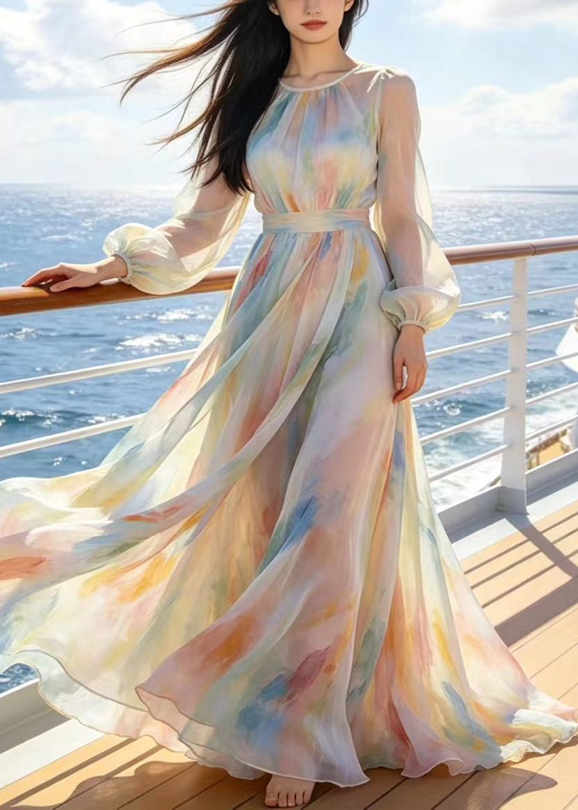 Tie Dye Crew Neck Long Sleeve Belted Chiffon Maxi Dress