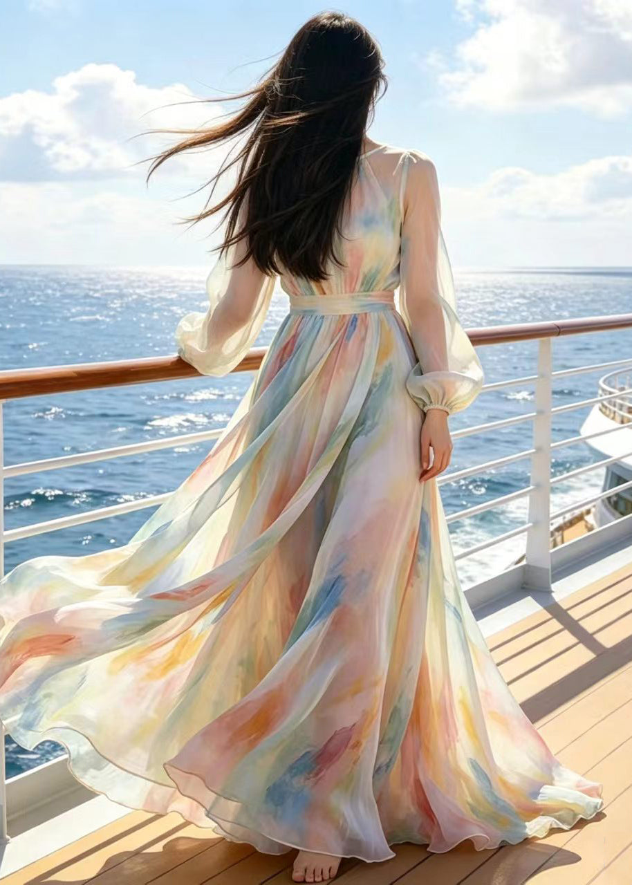 Tie Dye Crew Neck Long Sleeve Belted Chiffon Maxi Dress
