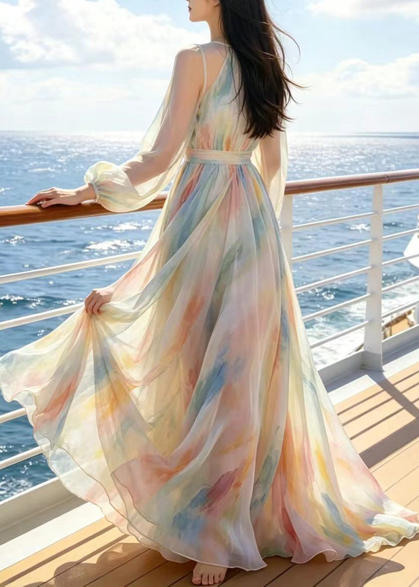 Tie Dye Crew Neck Long Sleeve Belted Chiffon Maxi Dress