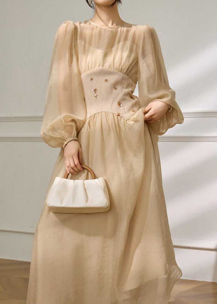 Modern Beige Tulle Patchwork Tunic Maxi Dresses Spring - View 3
