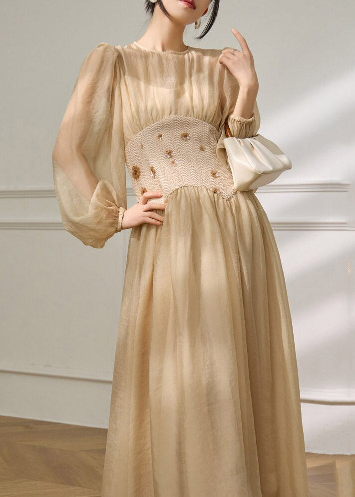 Sheer Tulle Lantern Sleeve Embellished Smocked Waist Maxi Dress