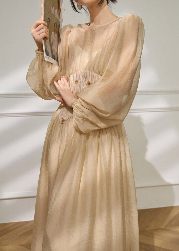Modern Beige Tulle Patchwork Tunic Maxi Dresses Spring - View 4