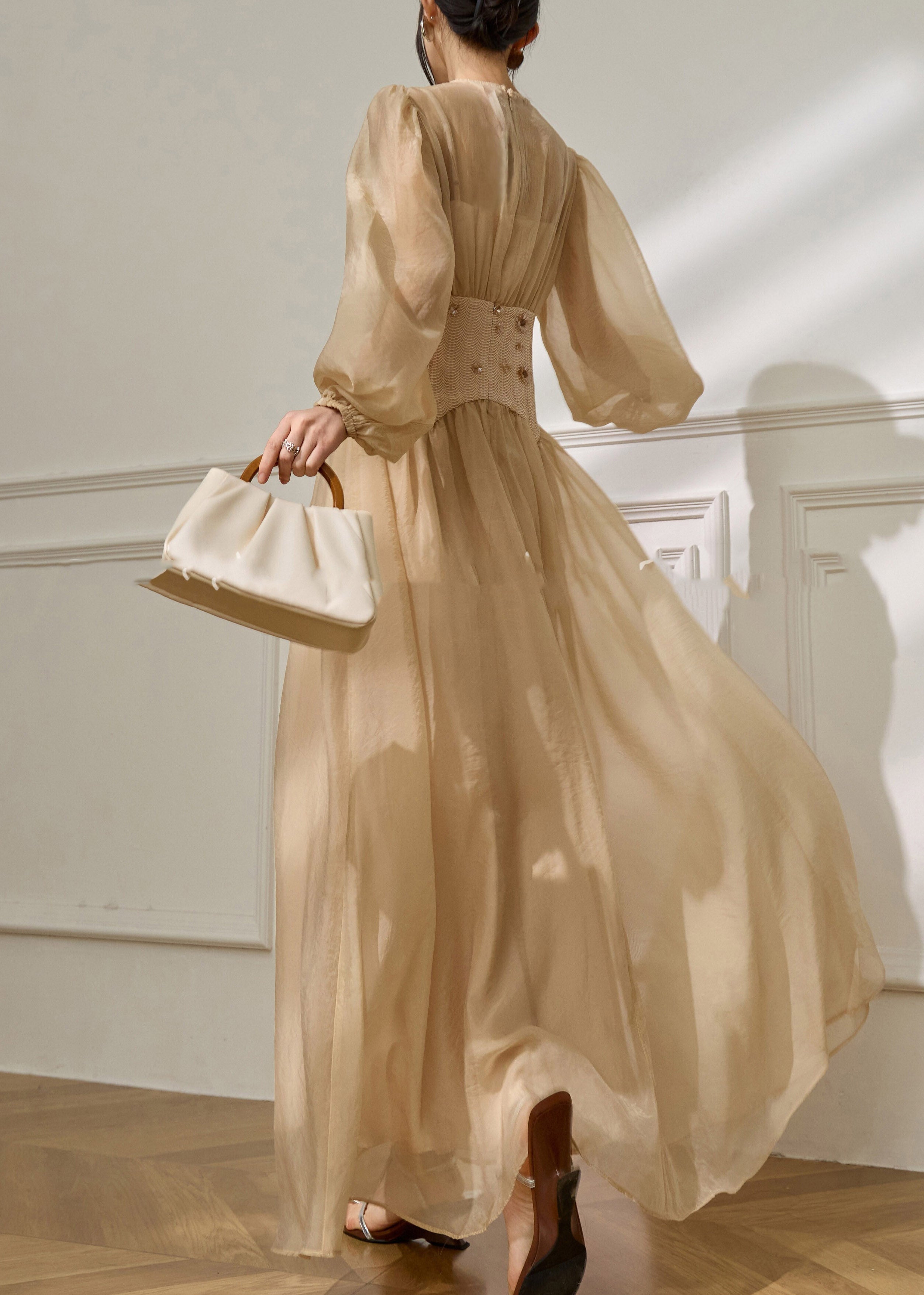 Modern Beige Tulle Patchwork Tunic Maxi Dresses Spring - View 5