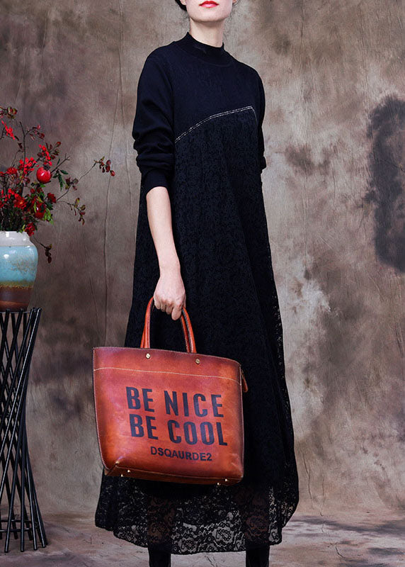 Mock Neck Long Sleeve Lace Overlay Diagonal Panel Patchwork Maxi Dress