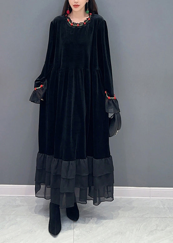 Velvet Long Sleeve Tiered Ruffle Hem A-Line Maxi Dress