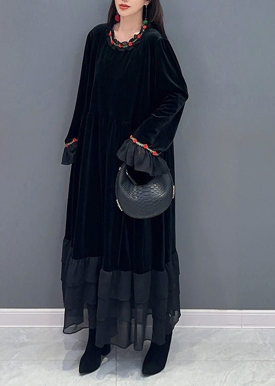 Velvet Long Sleeve Tiered Ruffle Hem A-Line Maxi Dress - View 3