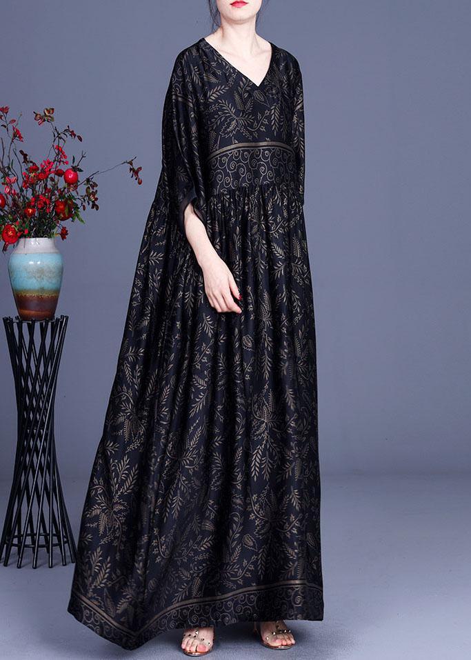Botanical Print V-Neck Empire Waist Three Quarter Sleeve Maxi Dress