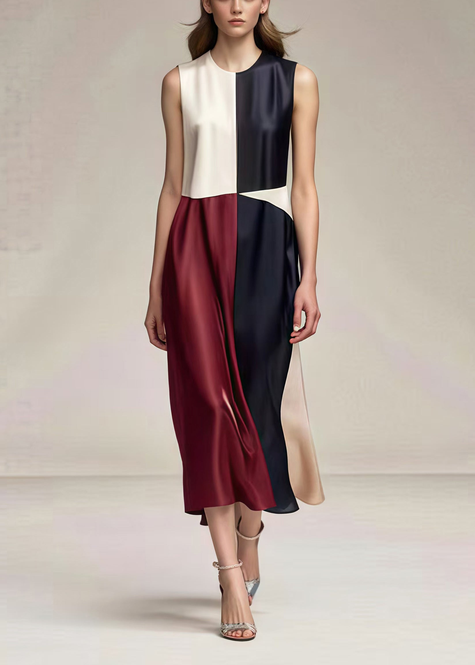 Round Neck Sleeveless Colorblock Satin Midi Dress