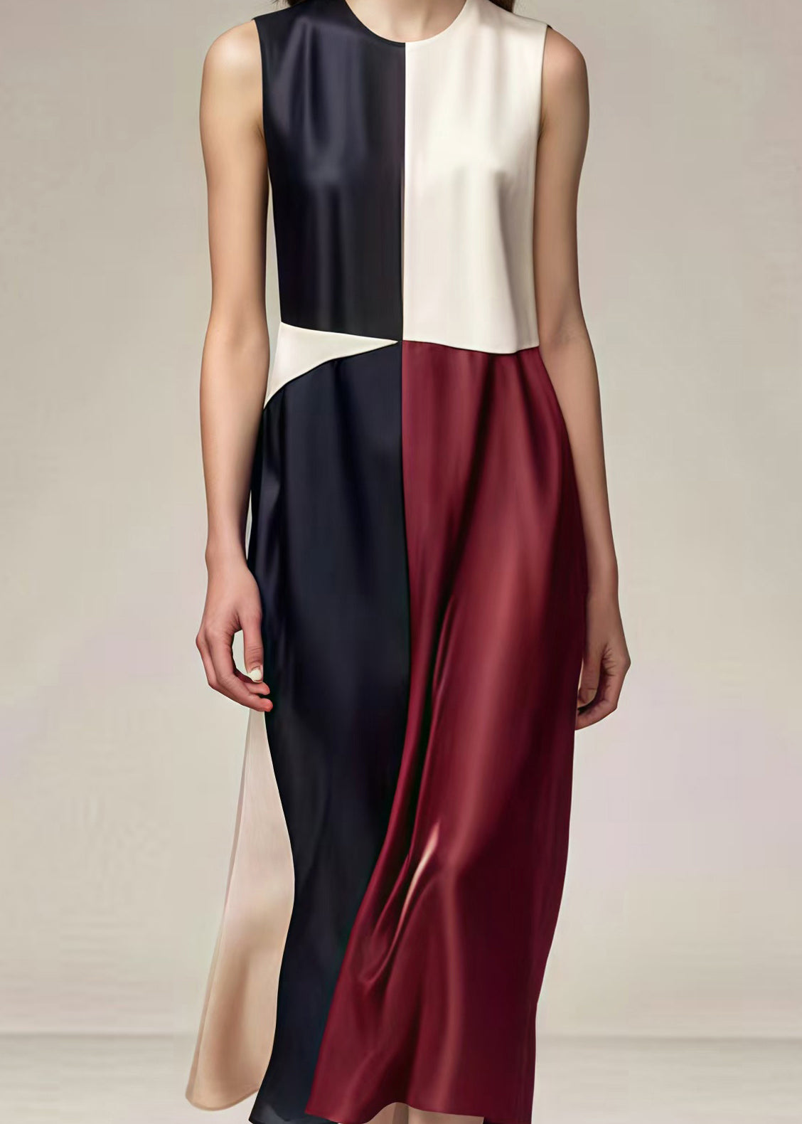 Round Neck Sleeveless Colorblock Satin Midi Dress