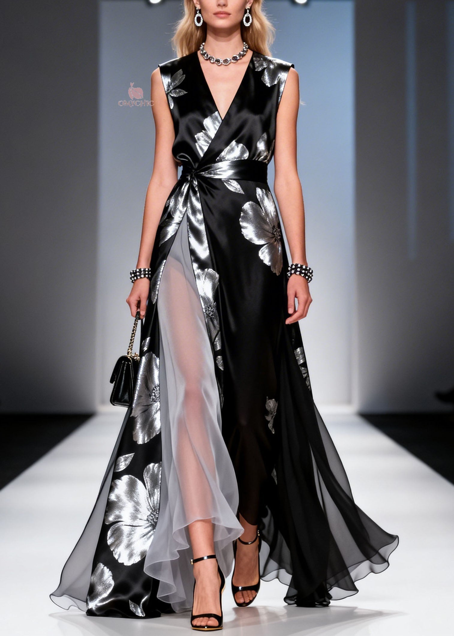 Modern Black V Neck Print Chiffon Maxi Dresses Summer - View 3