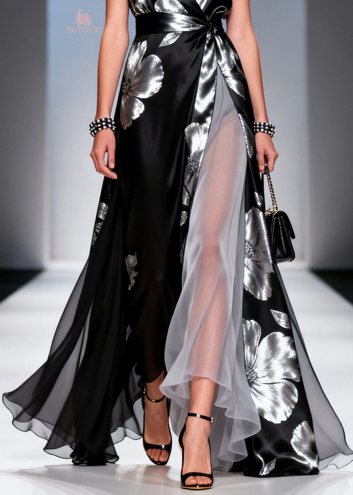 Modern Black V Neck Print Chiffon Maxi Dresses Summer - View 4
