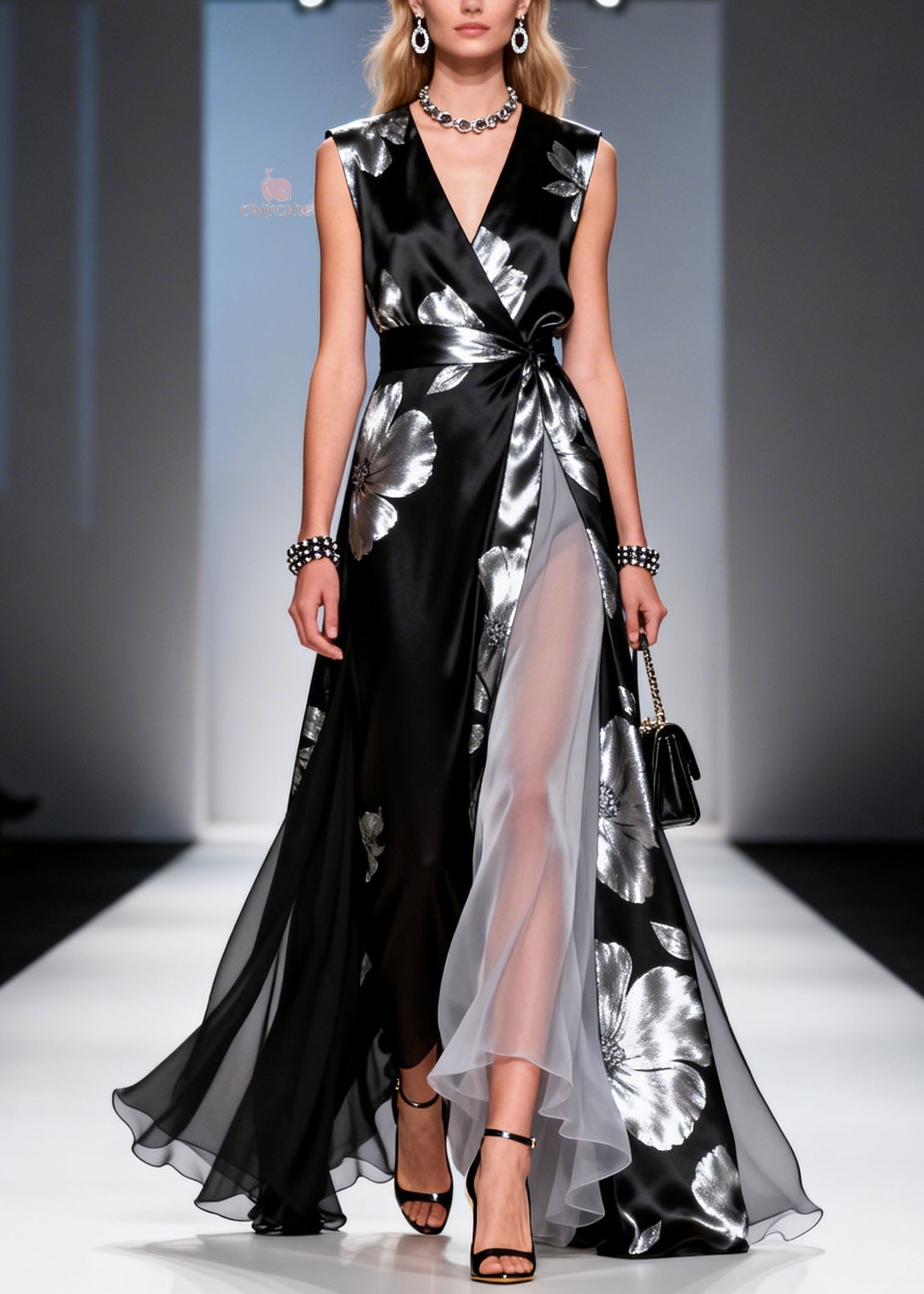 Modern Black V Neck Print Chiffon Maxi Dresses Summer - View 5