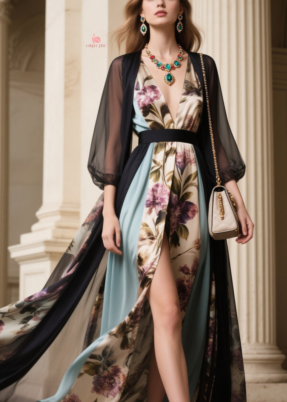 Floral Deep V-Neck Long Sleeve High Split Chiffon Maxi Dress