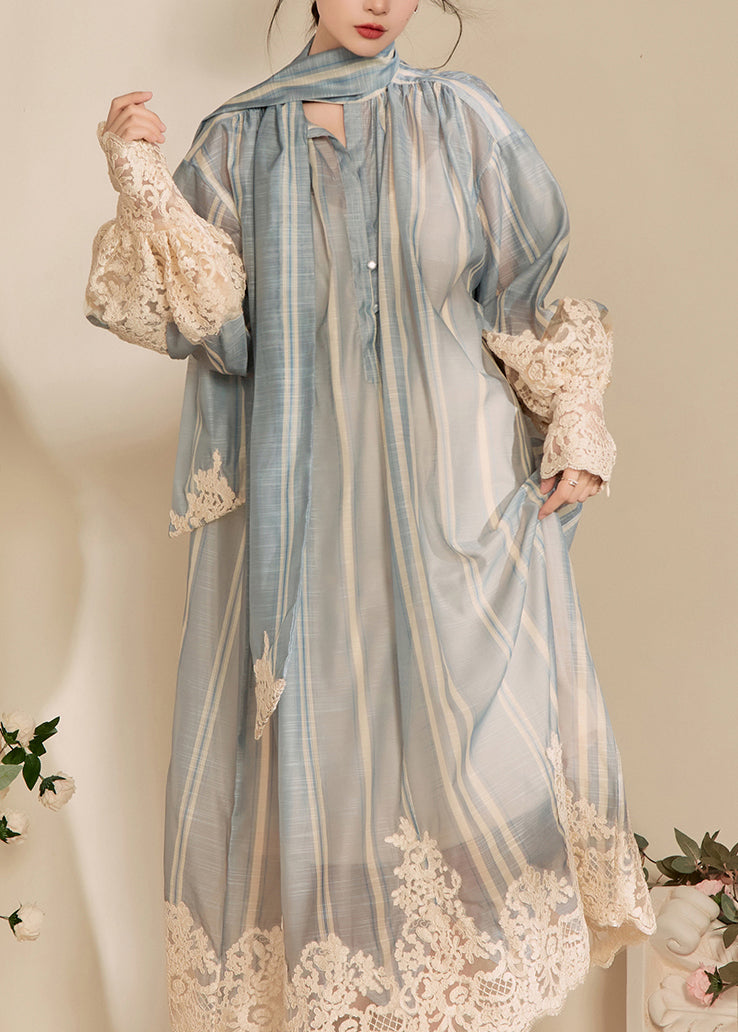 Striped Tie Neck Lace Trim Lantern Sleeve Sheer Loose Maxi Dress