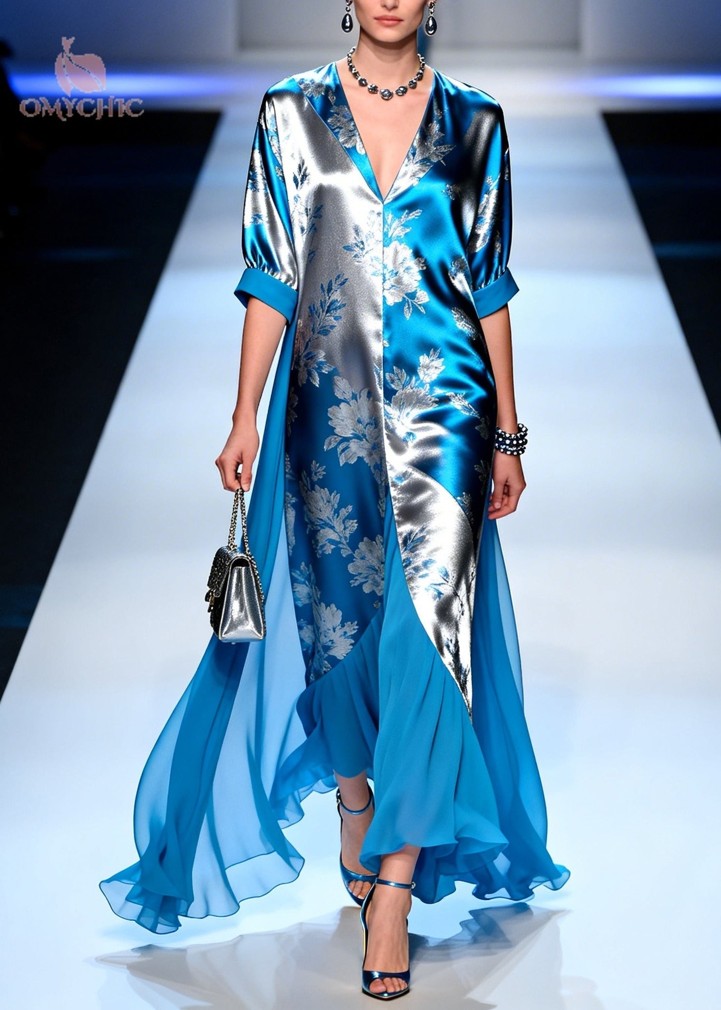 Metallic Floral Jacquard Deep V-Neck Half Sleeve Sheer Ruffle Train Hem Maxi Gown