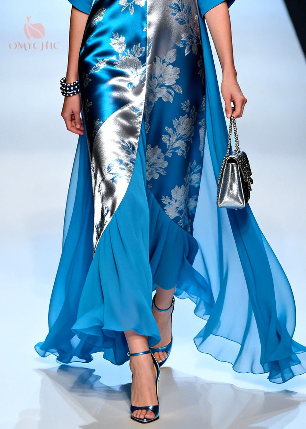 Metallic Floral Jacquard Deep V-Neck Half Sleeve Sheer Ruffle Train Hem Maxi Gown