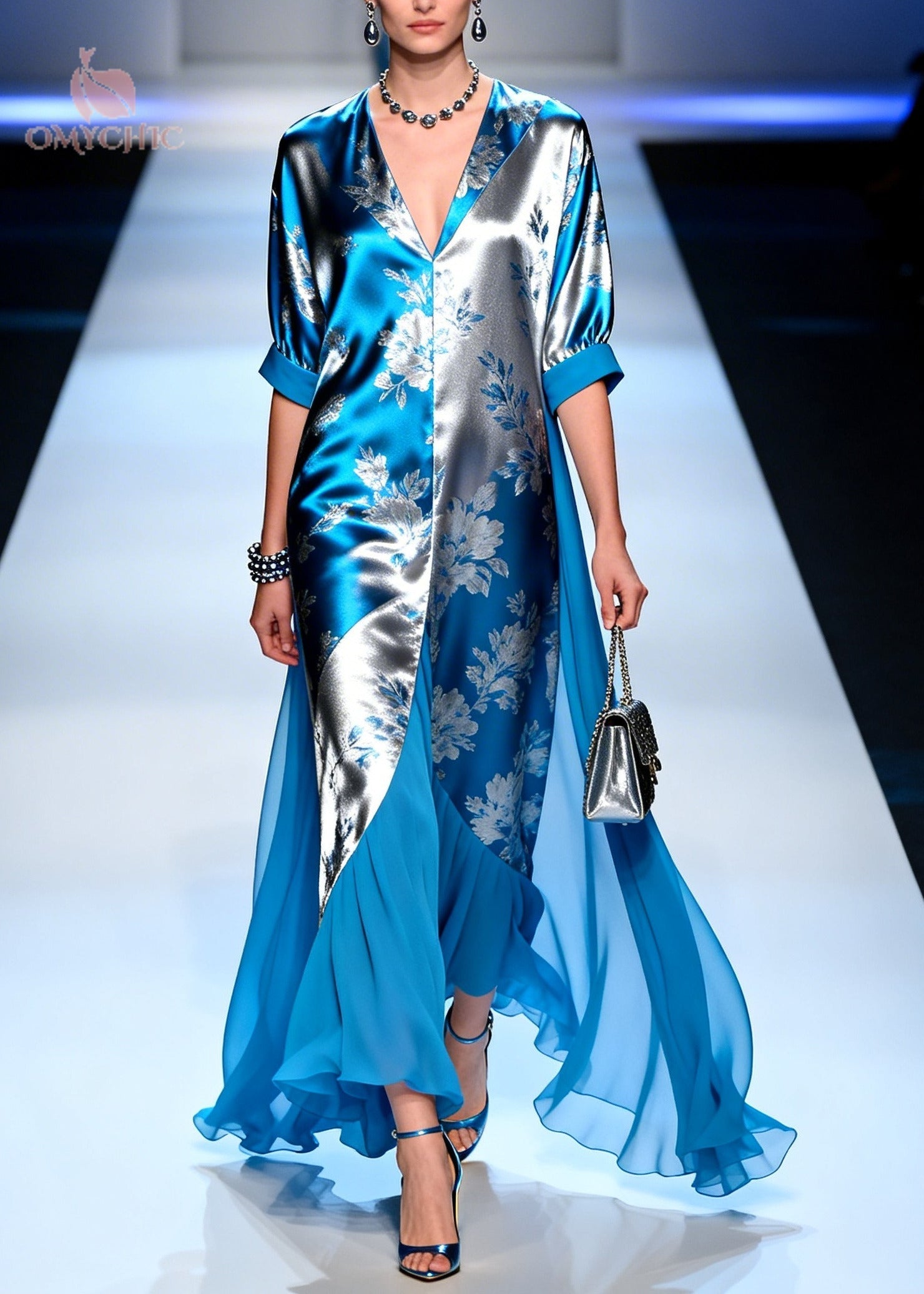 Metallic Floral Jacquard Deep V-Neck Half Sleeve Sheer Ruffle Train Hem Maxi Gown