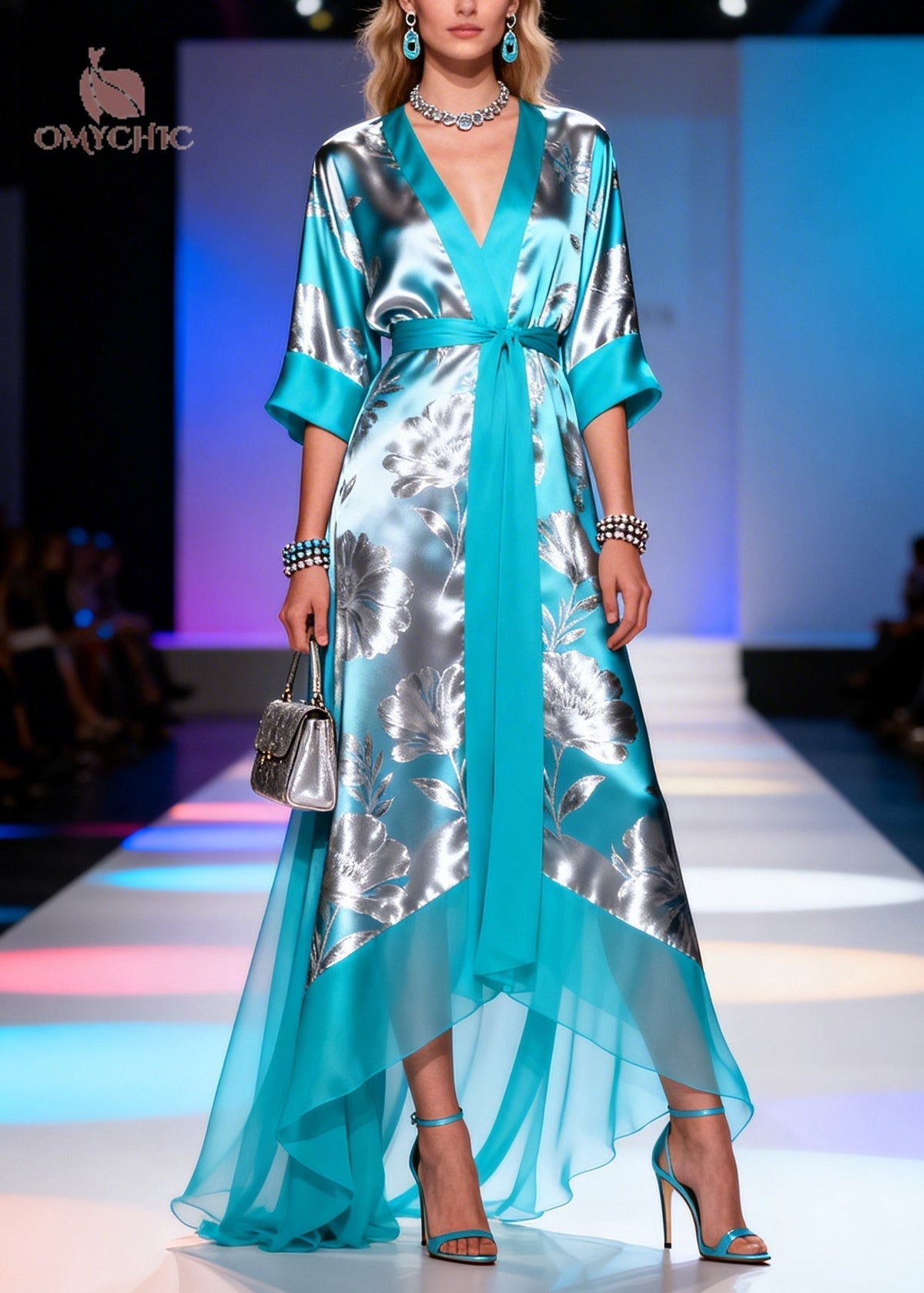 Floral Deep V-Neck Half Sleeve Belted Satin High Low Maxi Dress