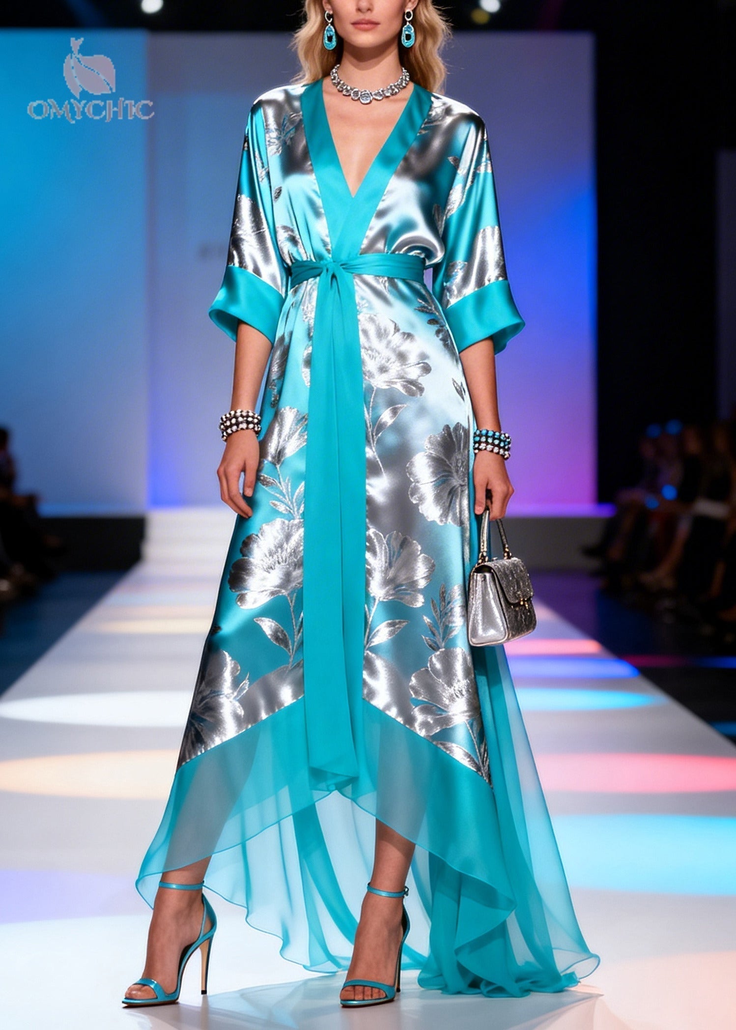 Floral Deep V-Neck Half Sleeve Belted Satin High Low Maxi Dress