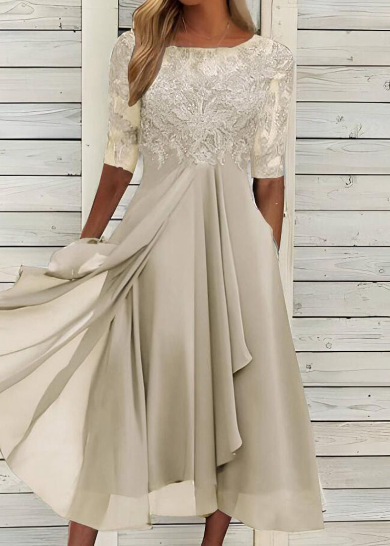 Modern Blue O Neck Ruffled Lace Patchwork Chiffon Dress Summer 4