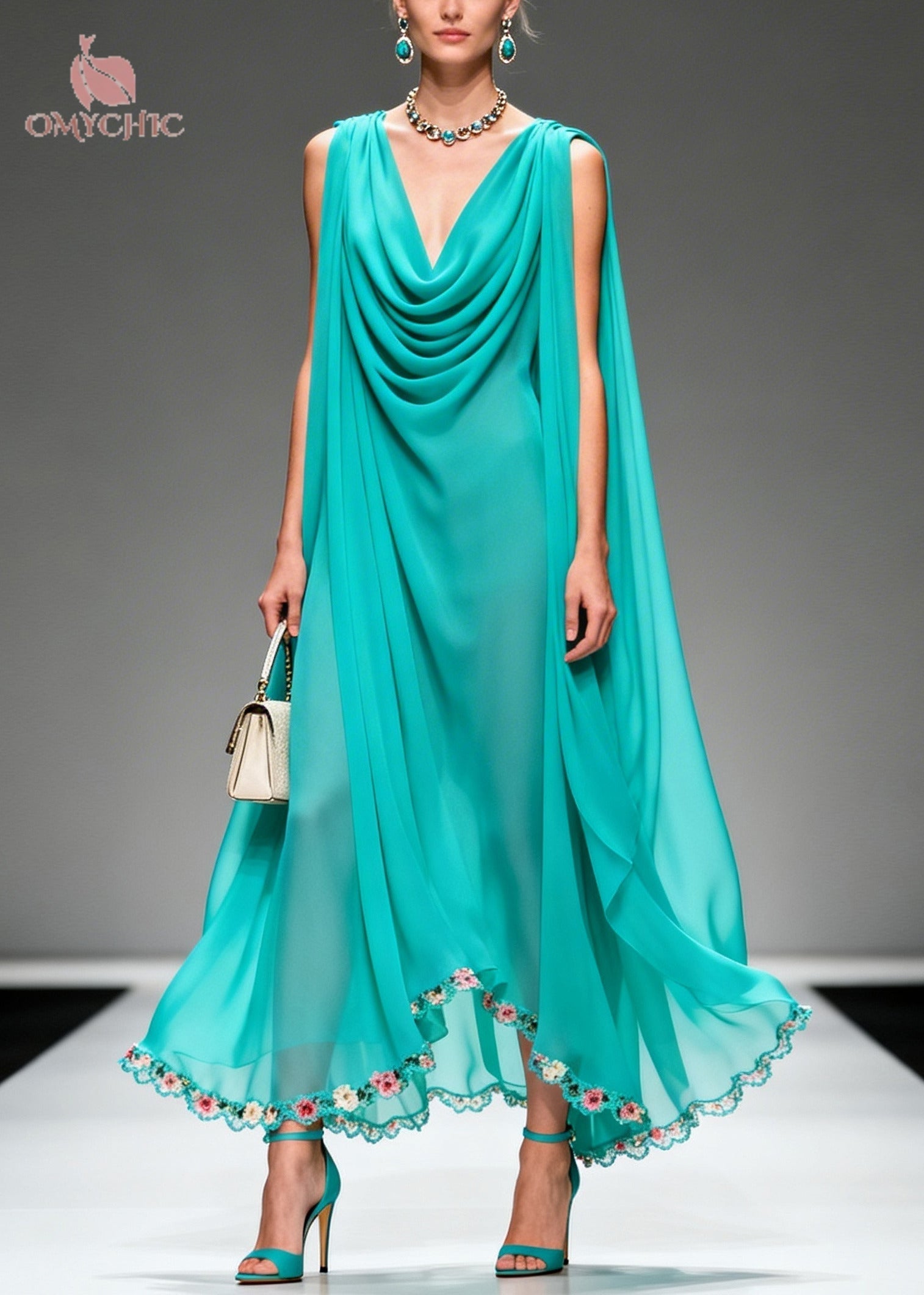 Cowl Neck Sleeveless Cape Overlay Scalloped Floral Hem Chiffon Maxi Gown
