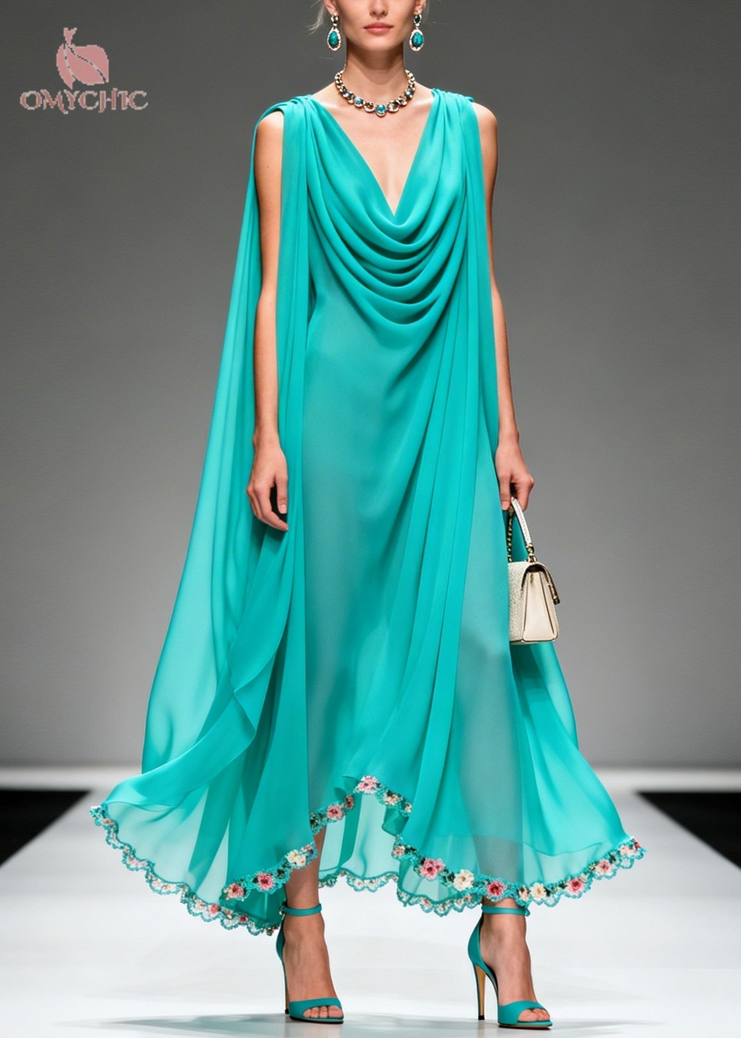 Cowl Neck Sleeveless Cape Overlay Scalloped Floral Hem Chiffon Maxi Gown