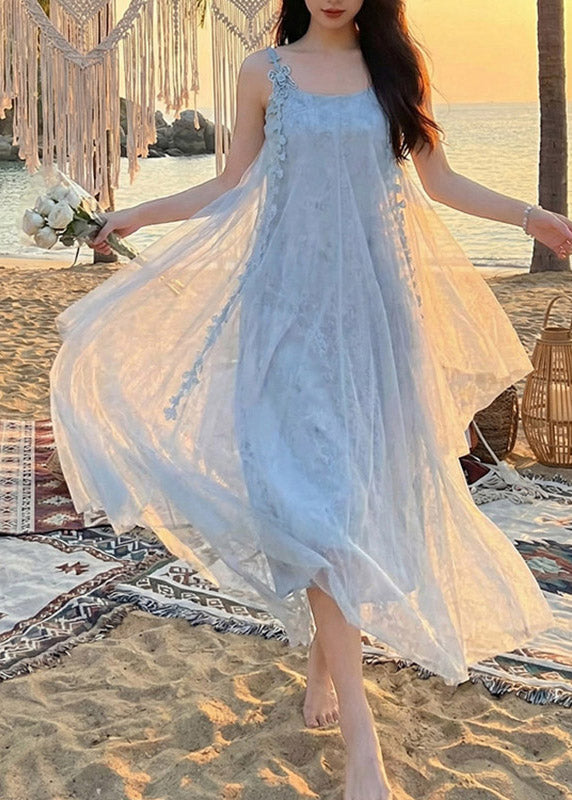 Tulle Spaghetti Strap Square Neck 3D Floral A-Line Maxi Dress