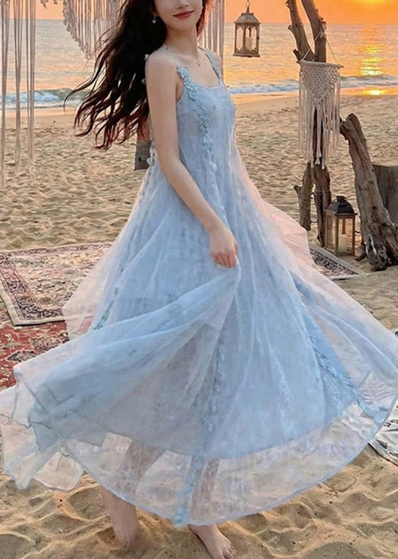 Tulle Spaghetti Strap Square Neck 3D Floral A-Line Maxi Dress