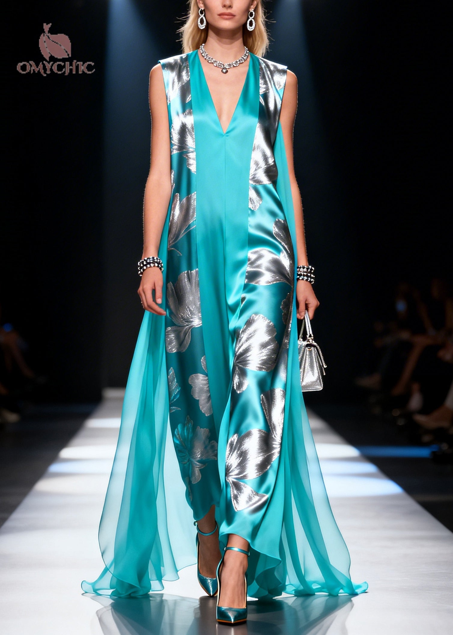 Modern Blue Print Tulle Patchwork Silk Maxi Dress Sleeveless - View 3