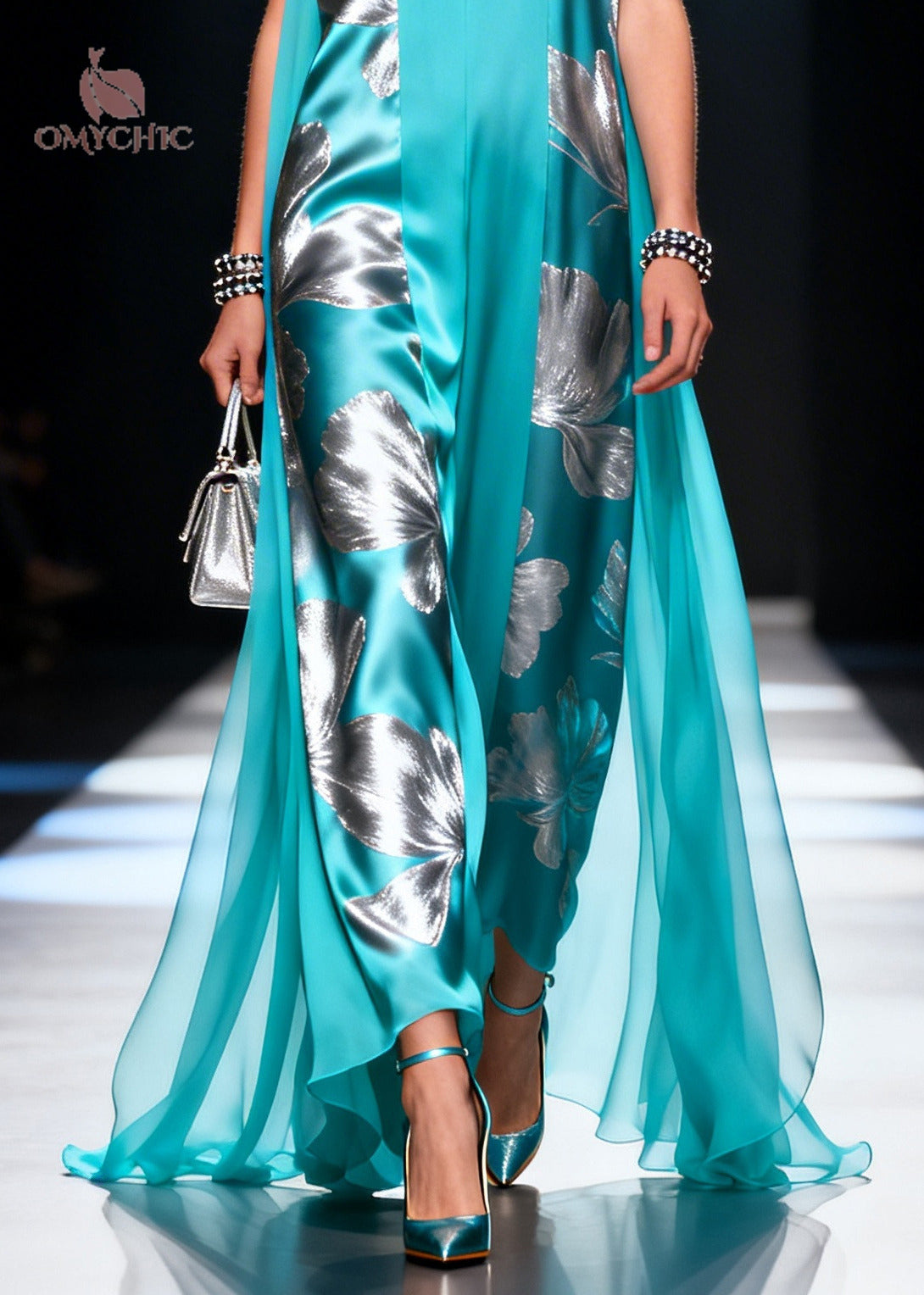 Modern Blue Print Tulle Patchwork Silk Maxi Dress Sleeveless - View 4