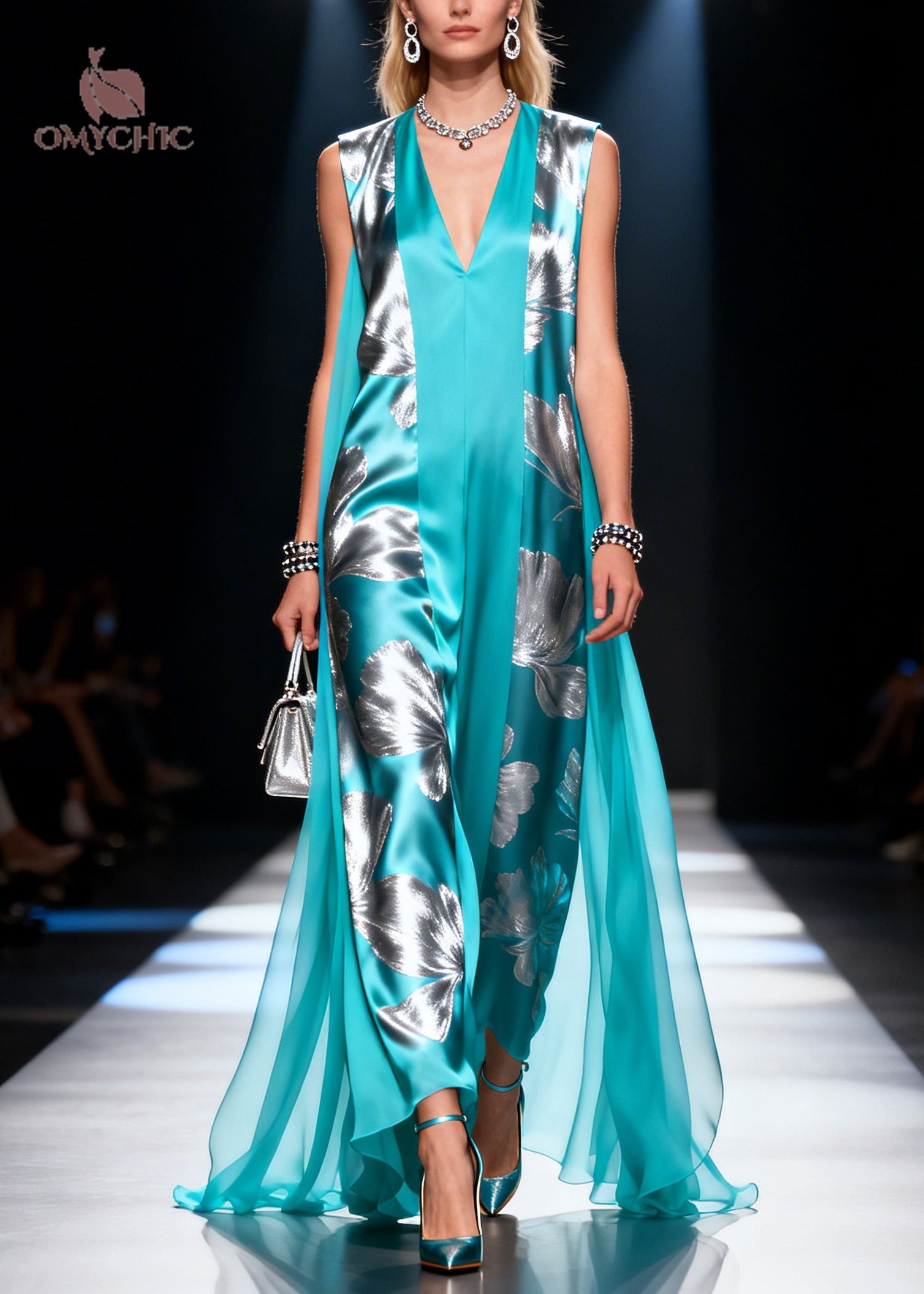 Modern Blue Print Tulle Patchwork Silk Maxi Dress Sleeveless - View 5