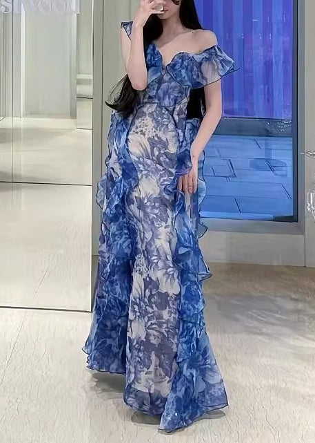 Modern Blue Ruffled Print Chiffon Long Dresses Summer 3