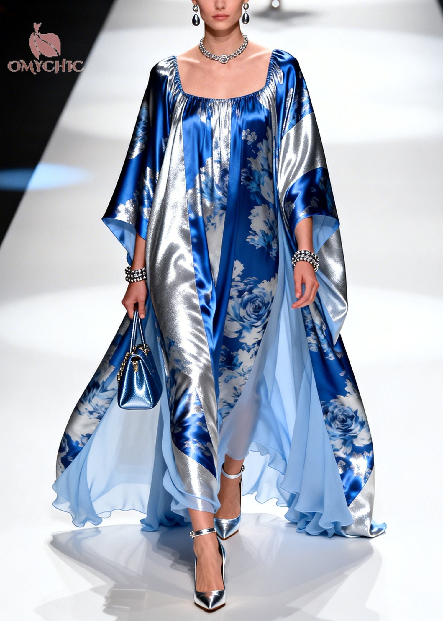 Rose Floral Print Metallic Panel Square Neck Kaftan Maxi Gown
