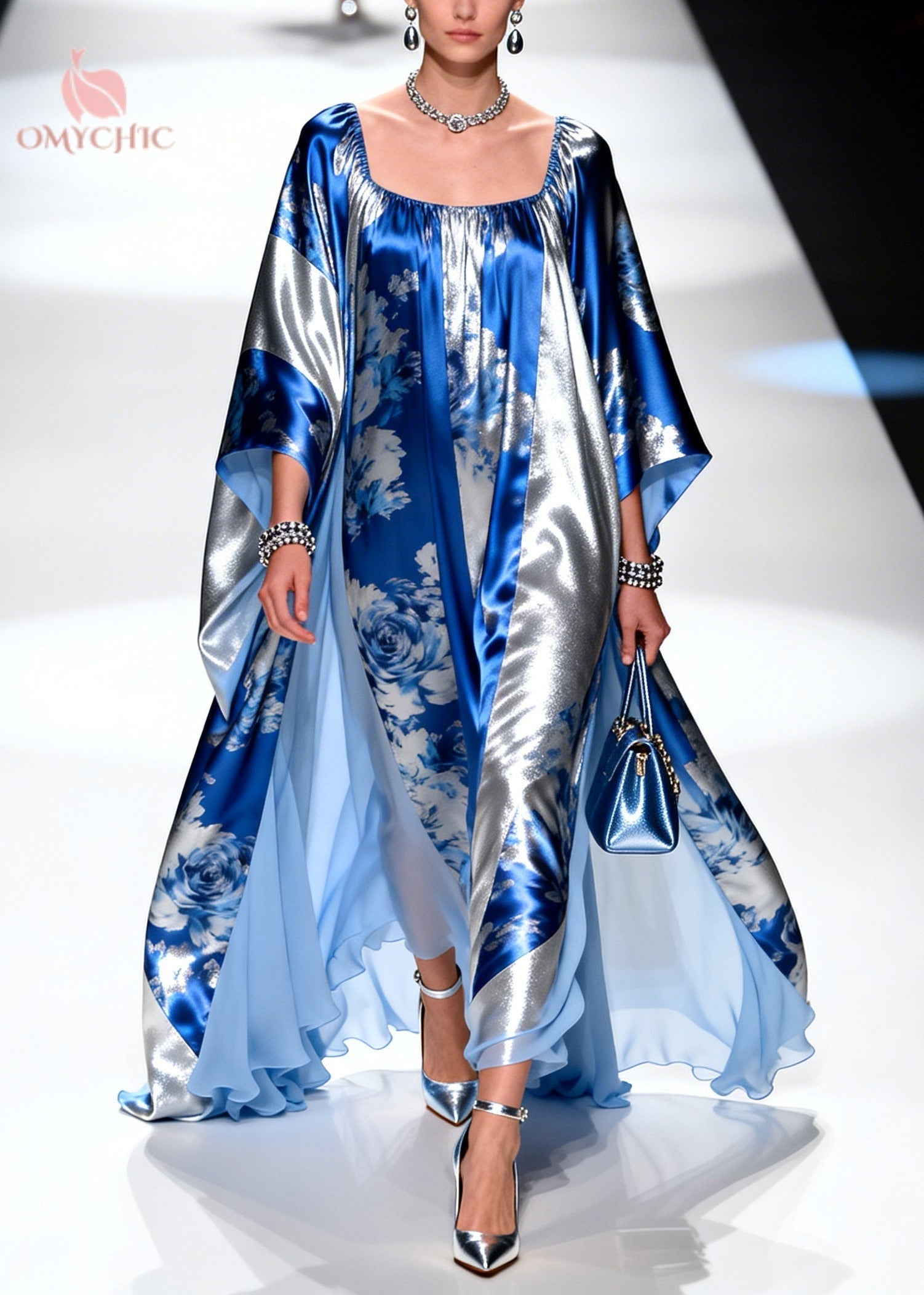 Rose Floral Print Metallic Panel Square Neck Kaftan Maxi Gown