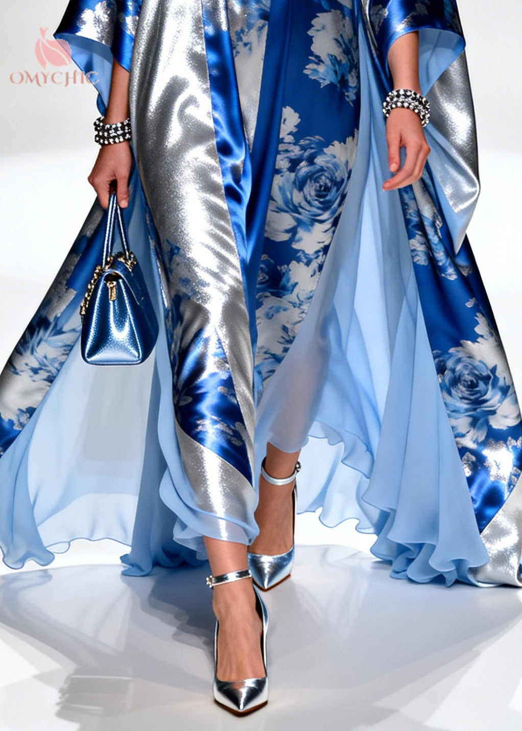 Rose Floral Print Metallic Panel Square Neck Kaftan Maxi Gown