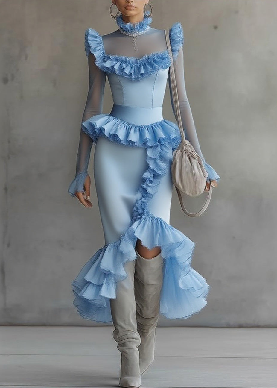 Modern Blue Turtleneck Ruffled Tulle Patchwork Long Dress Flare Sleeve
