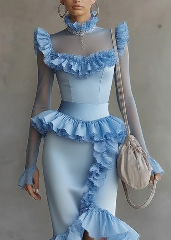 Modern Blue Turtleneck Ruffled Tulle Patchwork Long Dress Flare Sleeve 2