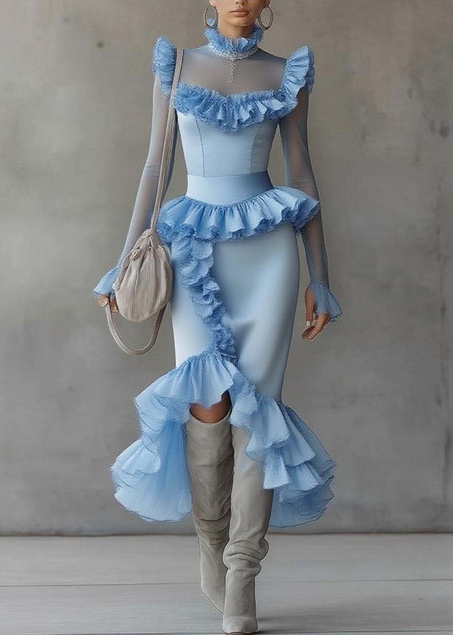 Modern Blue Turtleneck Ruffled Tulle Patchwork Long Dress Flare Sleeve 3